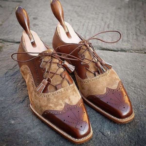 Square-toe Casual Front Lace-up Thick-heel Color-block Martin Shoes