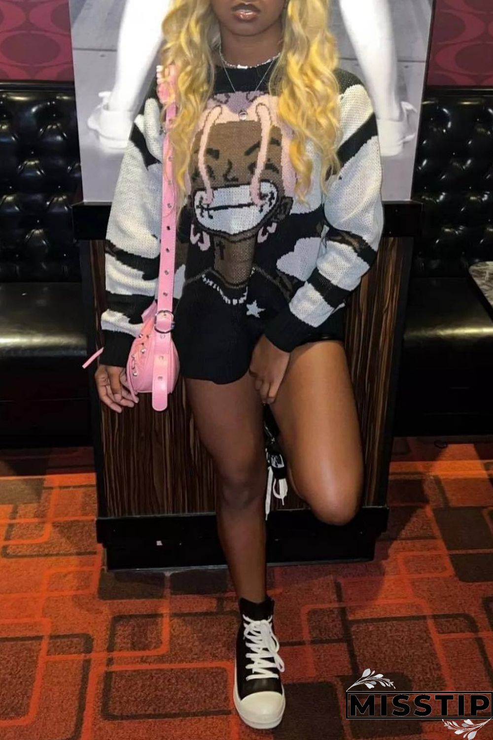 Black Purple Casual Patchwork O Neck Tops