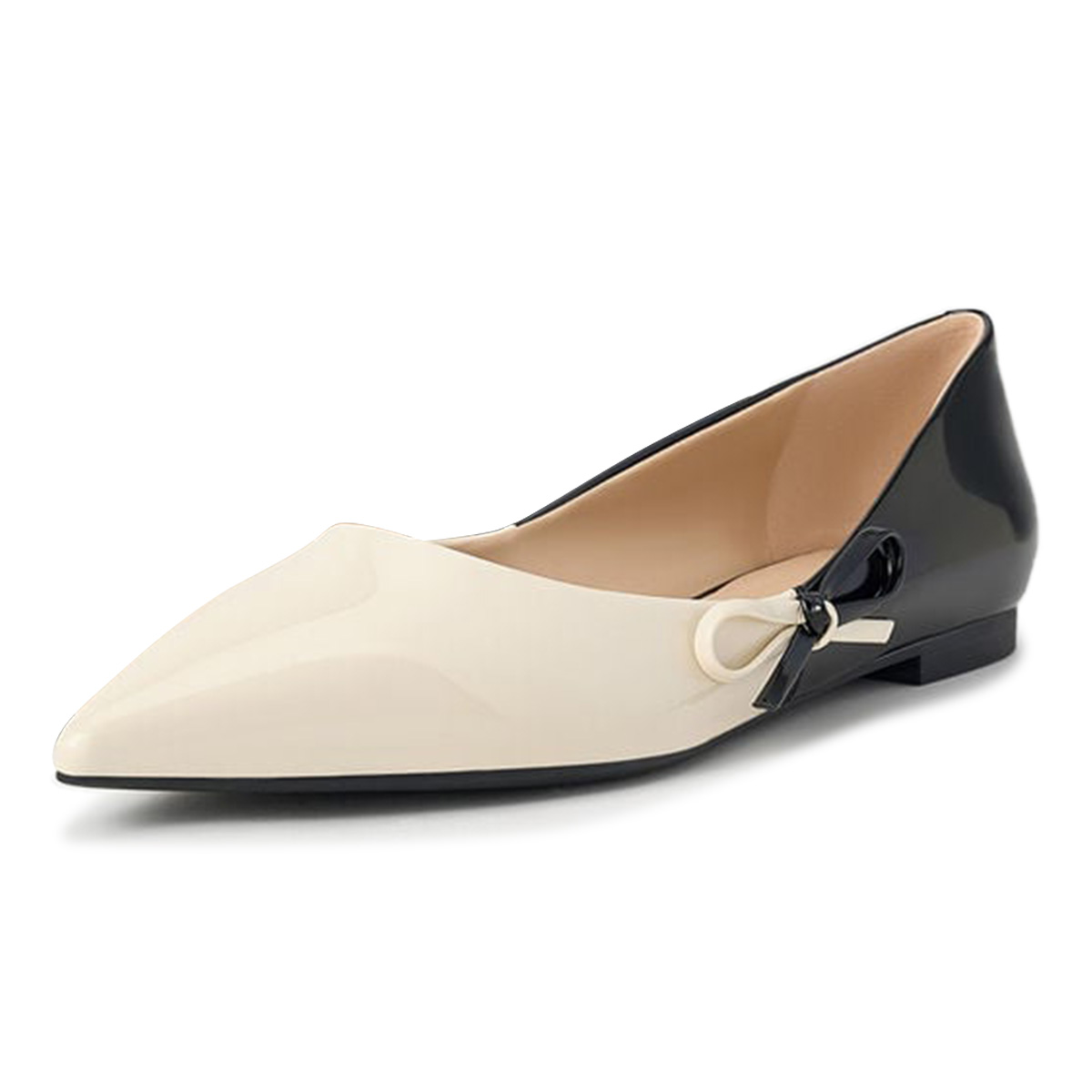 Classic Beige & Black Two Tone Women's Flat Shoes with Side Knot-Bow Nicepairs