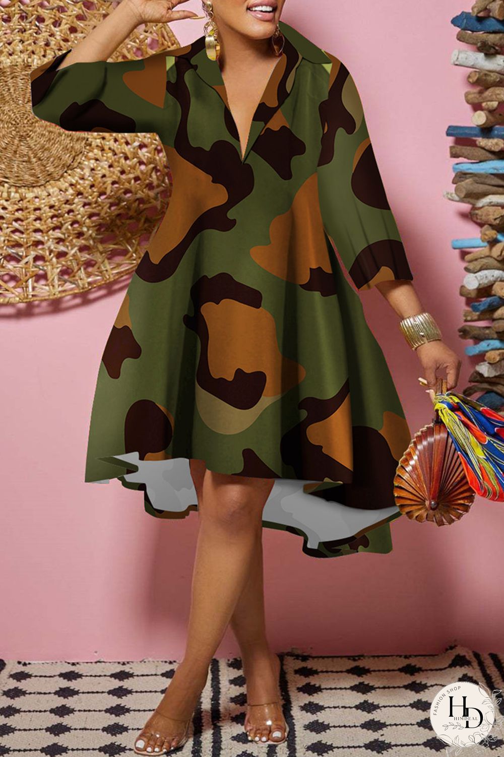 Camouflage Fashion Casual Print Patchwork Turndown Collar Shirt Dress