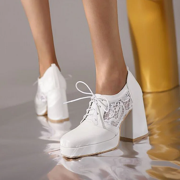 White Square Toe Platform Ankle Boots with Chunky Heels - Elegant Lace Up Style for Girls Vdcoo