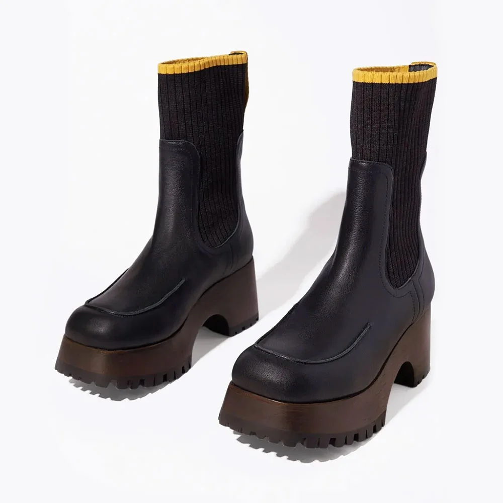 Fashion Black Square Toe Chunky Mid Heel Knit Platform Booties