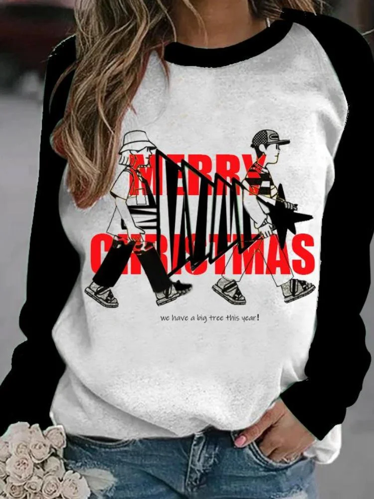 Women's Letter Printed Patchwork Round Neck Top Sweatshirt