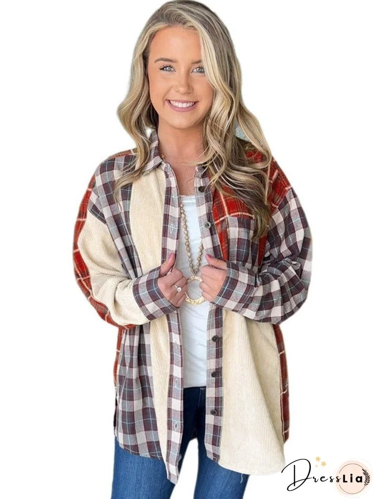 Women'S Plaid Corduroy Shirt Jacket With Long Sleeves