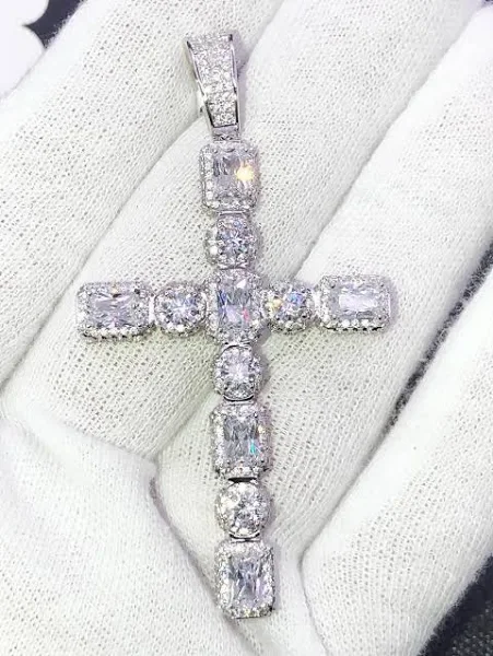 Iced Out Exotic Zircon Cluster Tennis Cross Pendant Necklace-VESSFUL