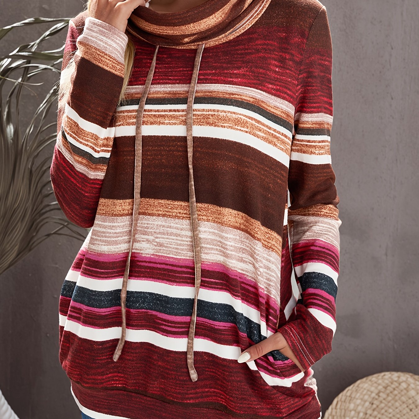 Striped Print Drawstring Pullover Sweatshirt, Casual Long Sleeve Turtle Neck Sweatshirt For Fall & Winter, Women's Clothing