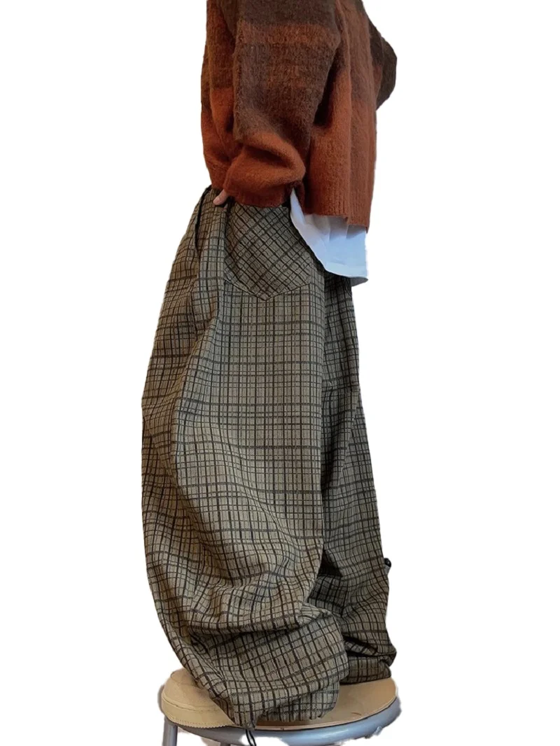 Aonga Spring Autumn Cool Oversized Long Flowy Baggy Wide Leg Pants for Mens Streetwear Loose Plaid Canvas Trousers 2024 aonga