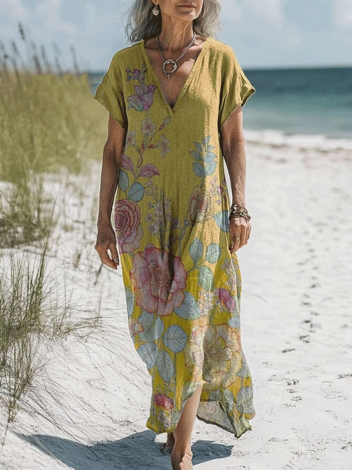 Women's Vintage Flower Art Print Pocket Cotton Dress