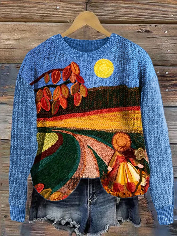 Cottage Girl in the Fall Crochet Art Cozy Knit Sweater