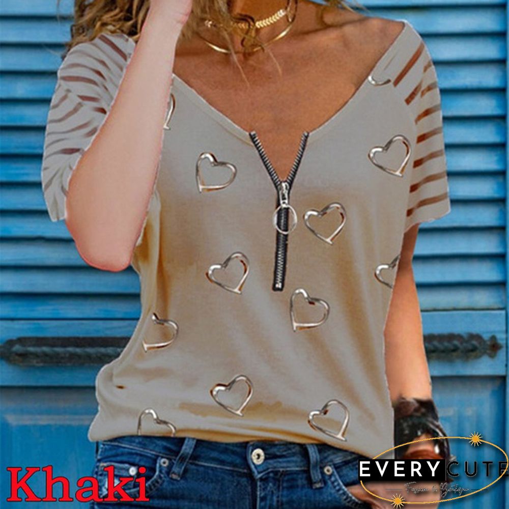 New Summer Fashion Women Striped Printed Short Sleeve Zipper V-Neck Casual Top Loose Soft And Thin Plus Size Shirt T-Shirt