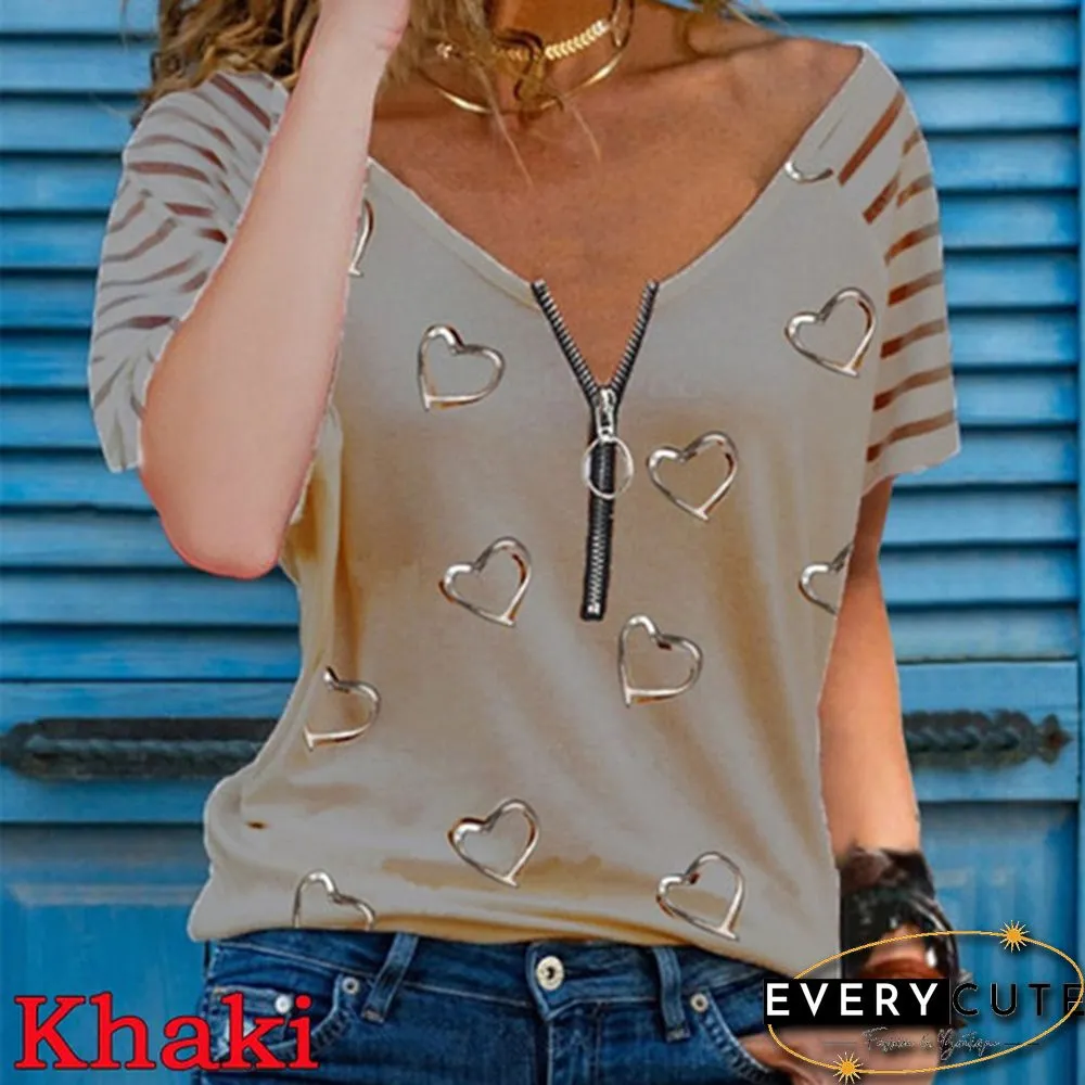 New Summer Fashion Women Striped Printed Short Sleeve Zipper V-Neck Casual Top Loose Soft And Thin Plus Size Shirt T-Shirt