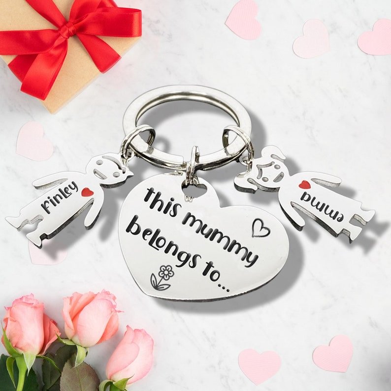 This Mummy Belongs to... Heart Polished Personalised Keychain, Christmas Stocking Filler or Mothers Day Gift.