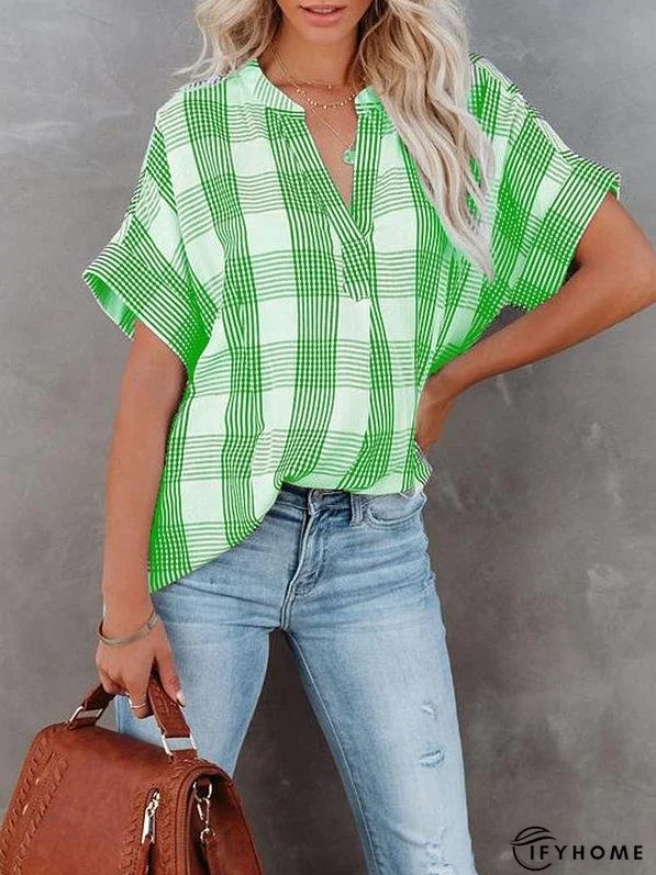 Women's Blouses V-Neck Plaid Short Sleeve Blouse | IFYHOME