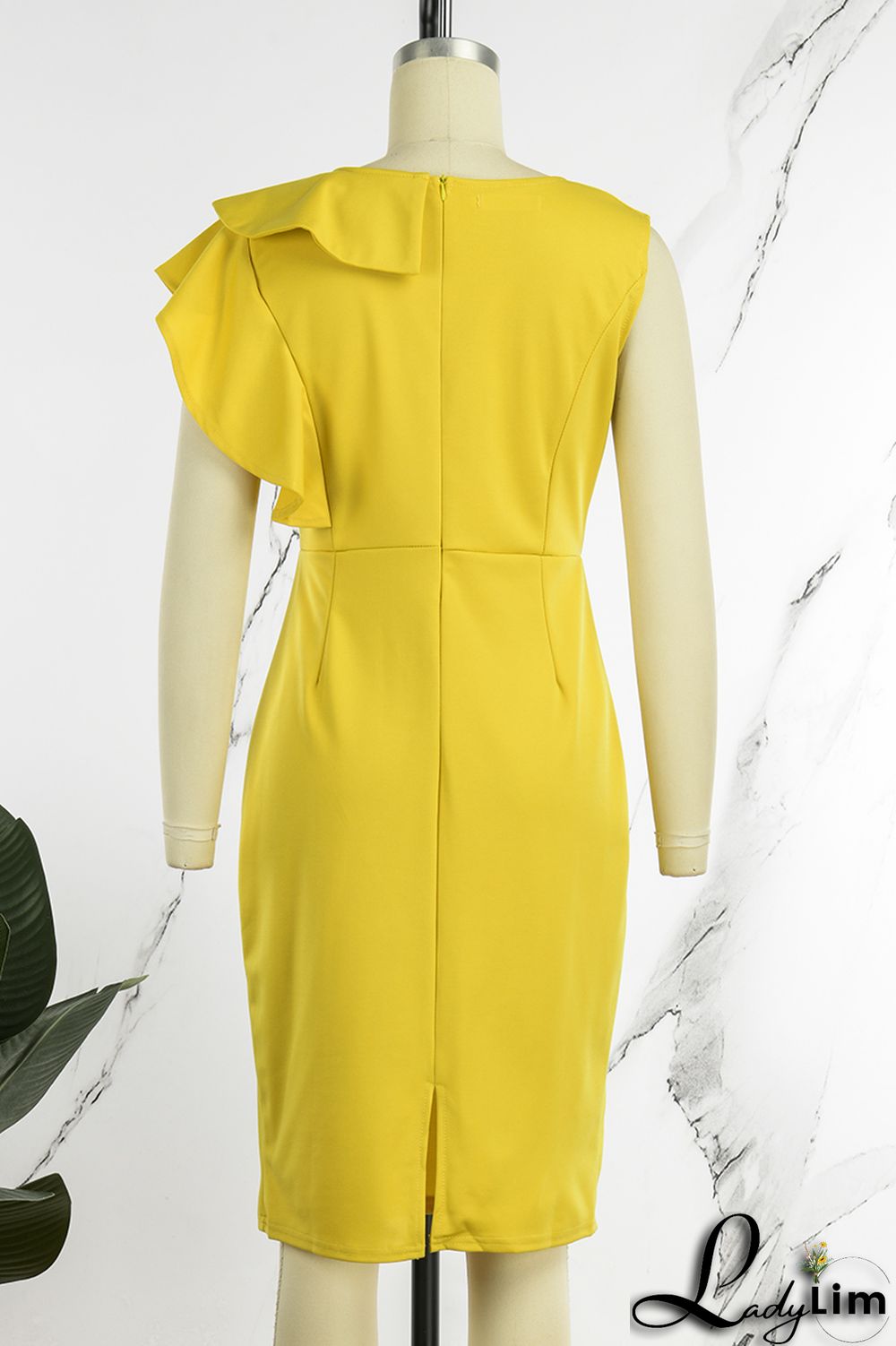 Yellow Casual Elegant Solid Flounce Zipper O Neck Wrapped Skirt Dresses