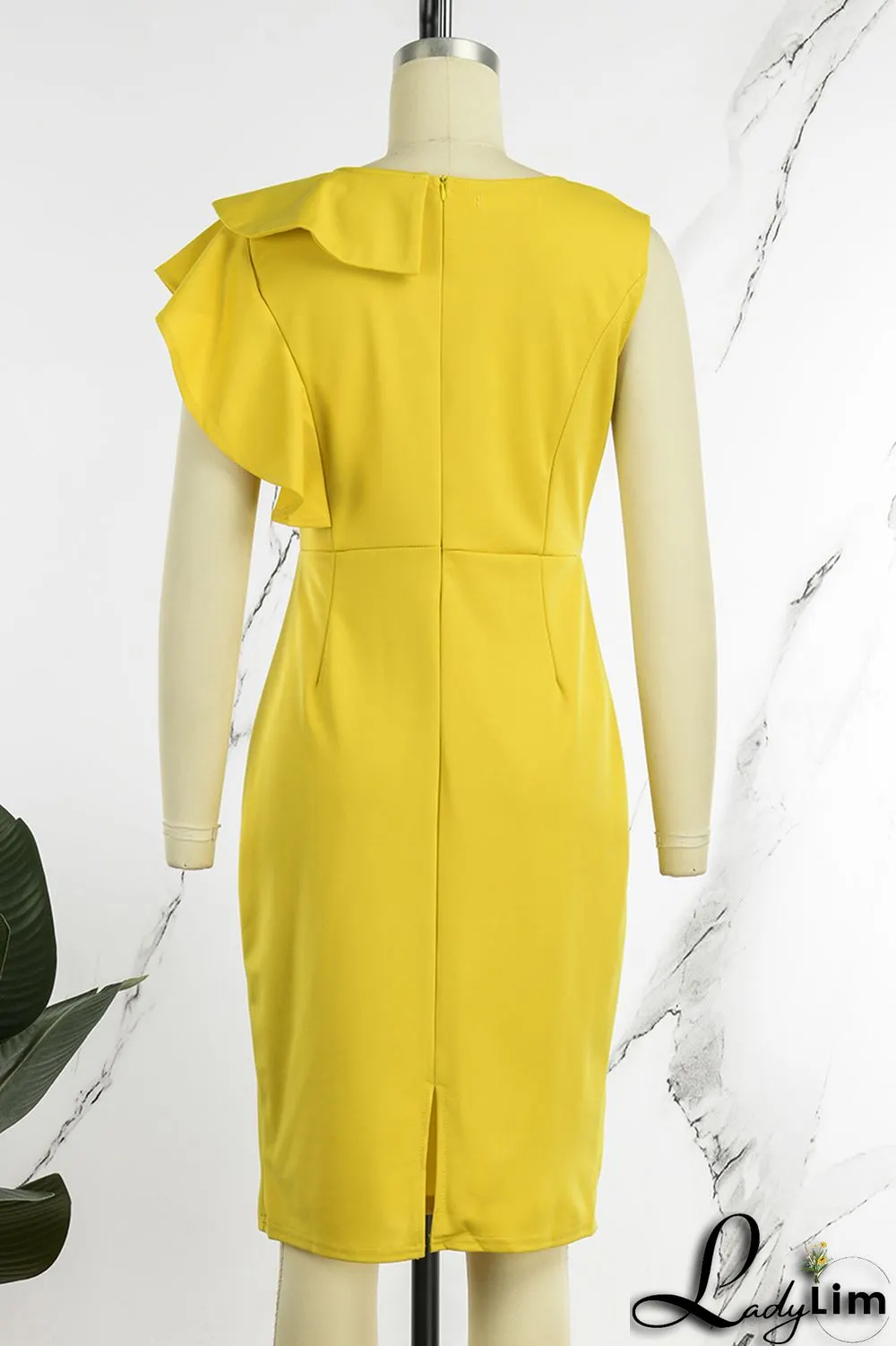 Yellow Casual Elegant Solid Flounce Zipper O Neck Wrapped Skirt Dresses
