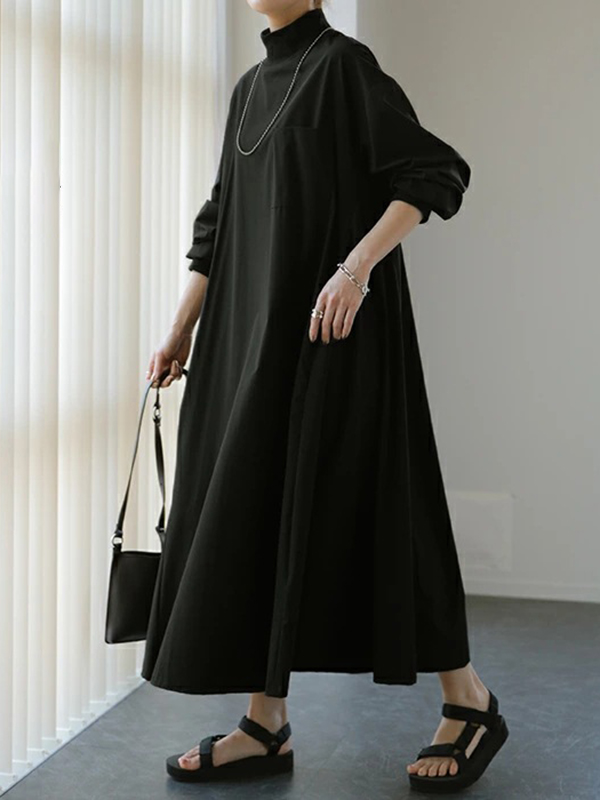 Casual Loose Round Neck Long Sleeve Midi Dress