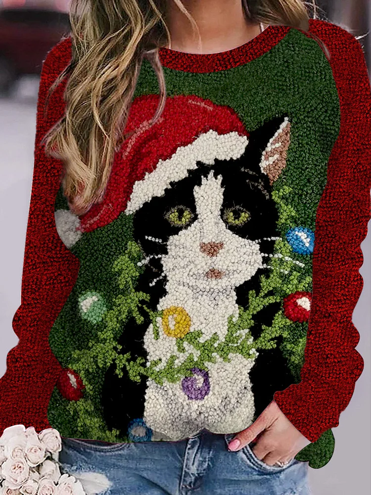 Damen Weihnachten niedlich Katze Filz Malerei 3D gedruckt Lose Basic Langarm Sweatshirt