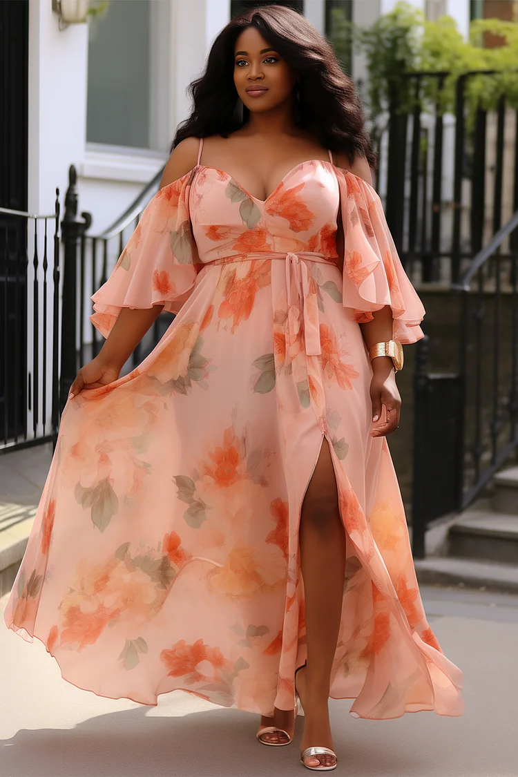 Xpluswear Design Plus Size Wedding Guest Peach Floral Sundress Cold Shoulder Half Sleeve Split Wrap Chiffon Maxi Dresses