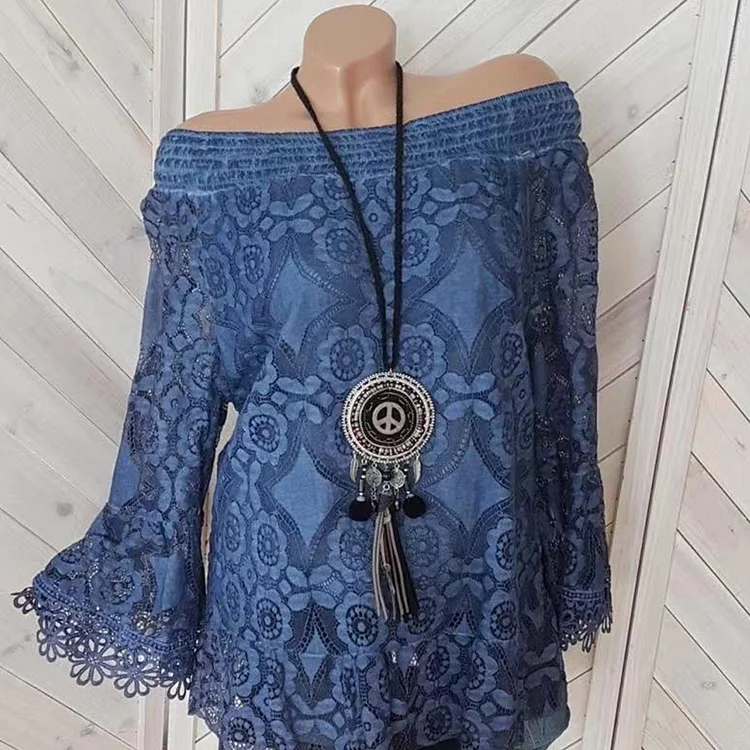 Lace Floral Flare Sleeve Smocked Off Shoulder Blouse