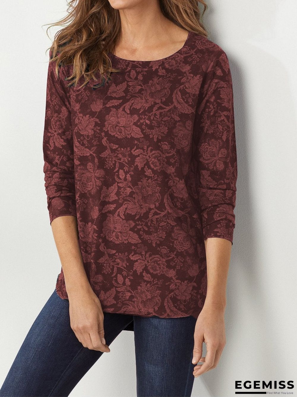 Casual Floral Round Neck Long Sleeve Shirts & Tops | EGEMISS
