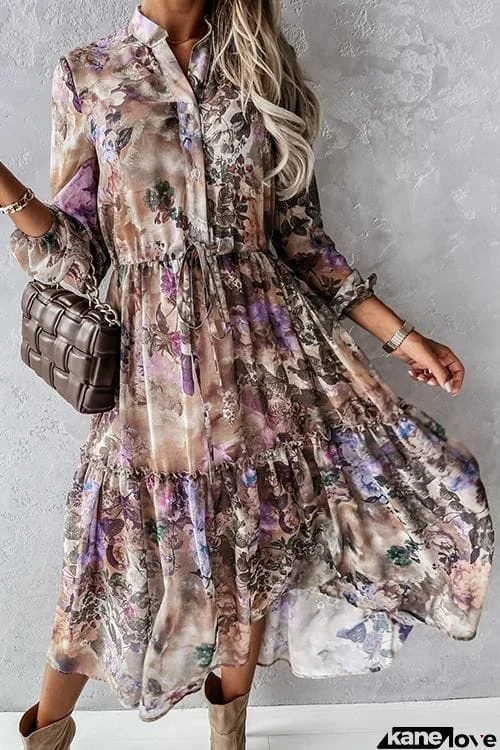 Floral Button Drawstring Tiered Long Sleeve Maxi Dress