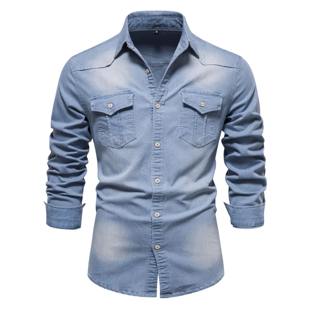 Men's Casual Solid Color Long-sleeved Denim Shirt