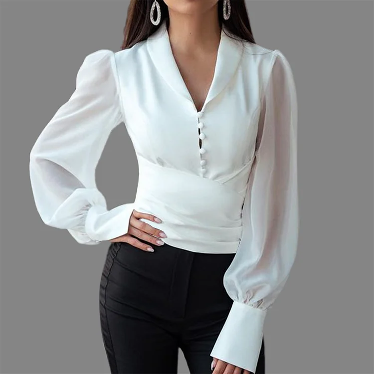 Ursime Solid Lapel Collar Button Puff Sleeve Blouse