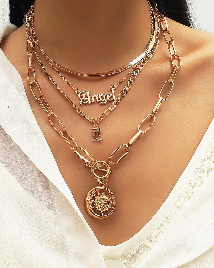 Letter Pendant Chain Layered Necklace P6885513977