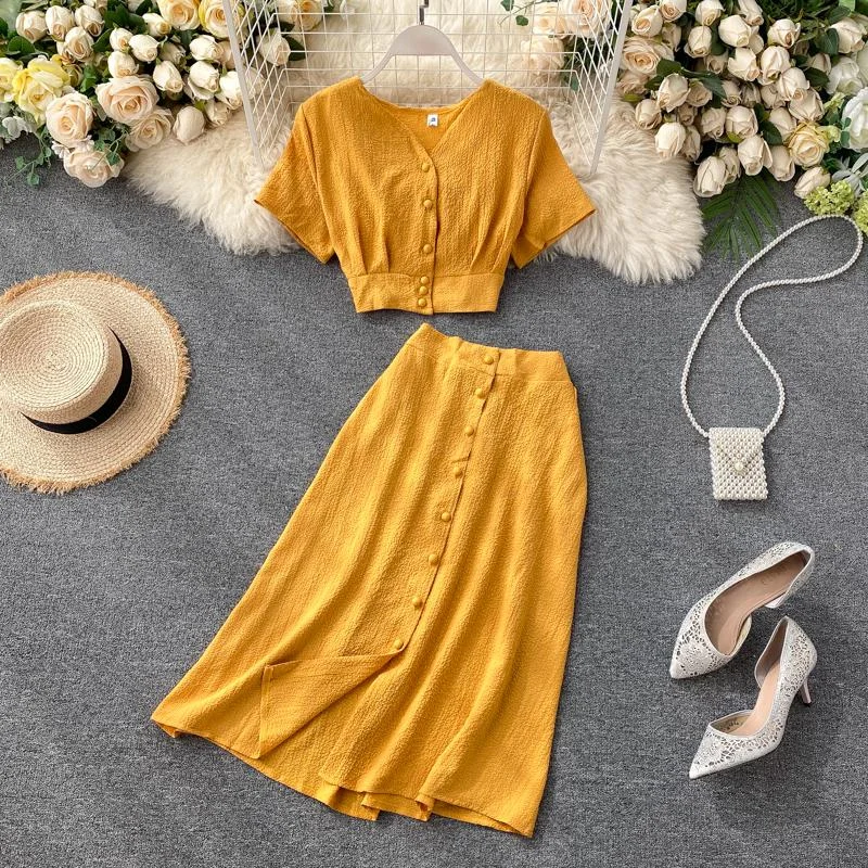 FTLZZ New Summer Women Casual V Neck Single Breasted Crop Tops High Waist A-line Solid Color Skirt Two Piece Set