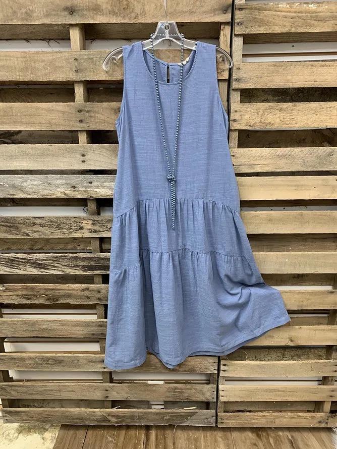 Blue Crew Neck Sleeveless Dresses