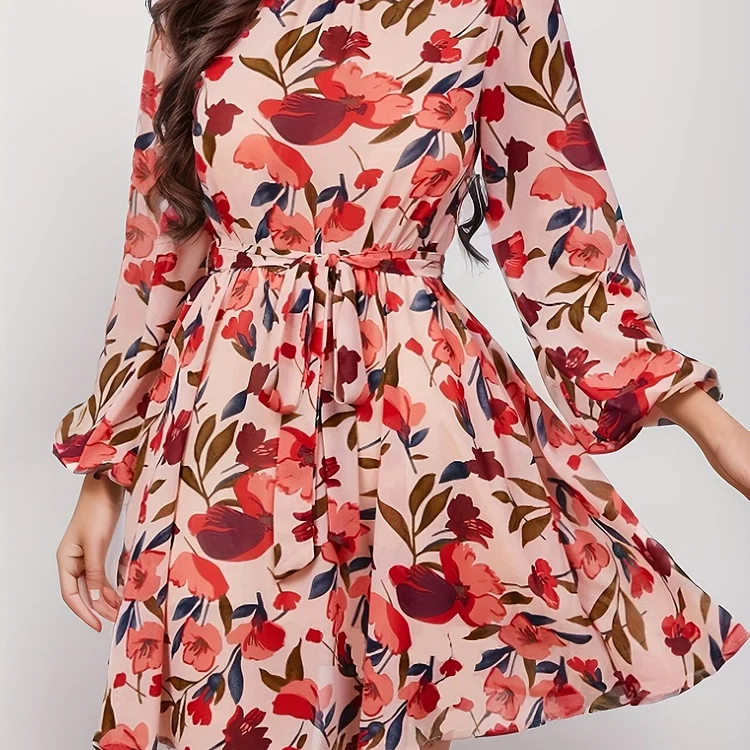 Floral Print Lantern Sleeve Dress, Casual Mock Neck Tied Waist Dress, Women's Clothing