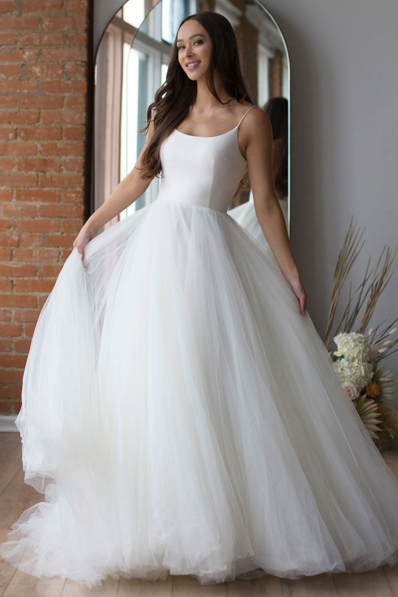 Oknass Tule Long Wedding Spaghetti-Straps Dress