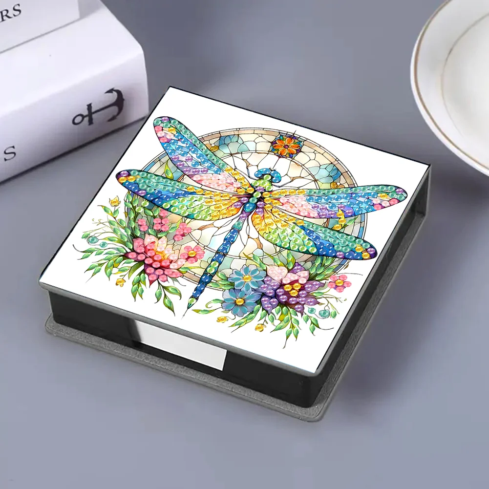 DIY Flower Dragonfly Leather Diamond Art Note Box with 160 Sheets of Paper for Beginners