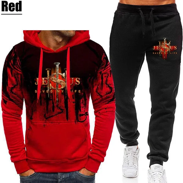 Men's Fashion Jesus Saved My Life Print Sportsuits Two Piece Suits Hooded Sweatshirts Long Pants Fashion Sets