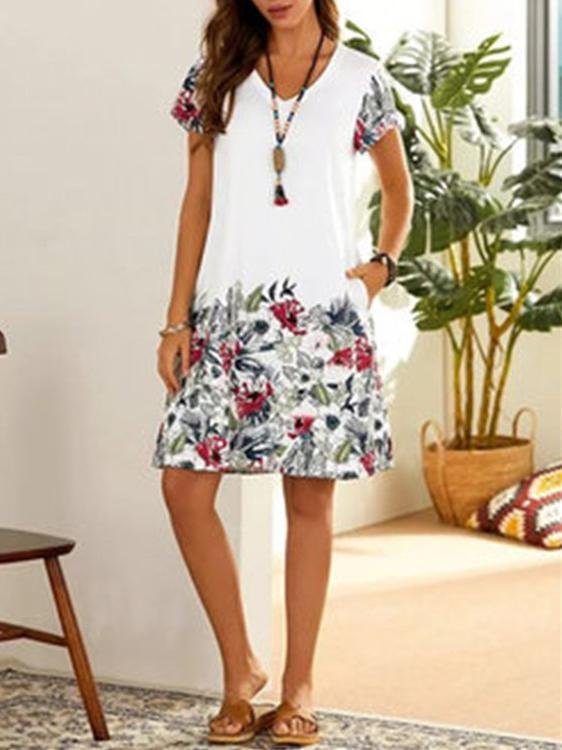 Women's Short Sleeve V-neck Floral Printed Midi Dress
