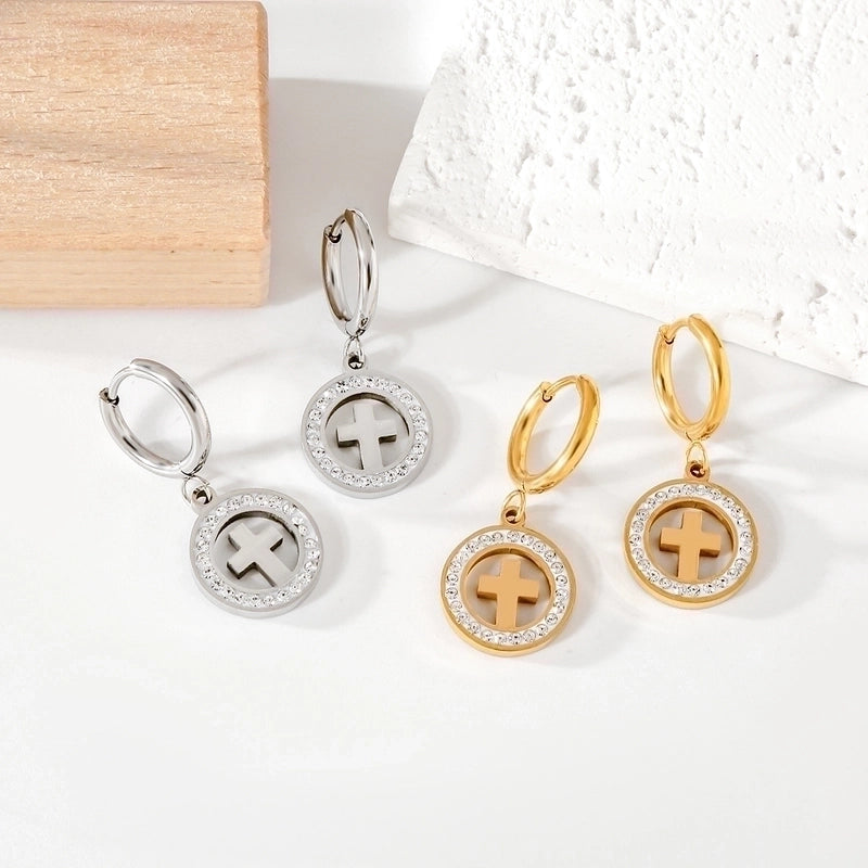 1 Pair Vintage Style Classic Style Commute Cross Circle Hollow Out Inlay 304 Stainless Steel Rhinestones 18K Gold Plated Drop Earrings