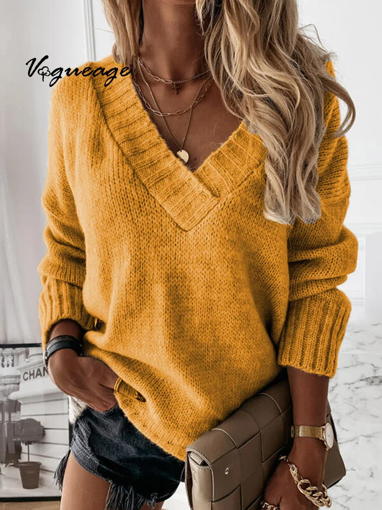 Women's Solid Color V-Neck Pullover Sweater