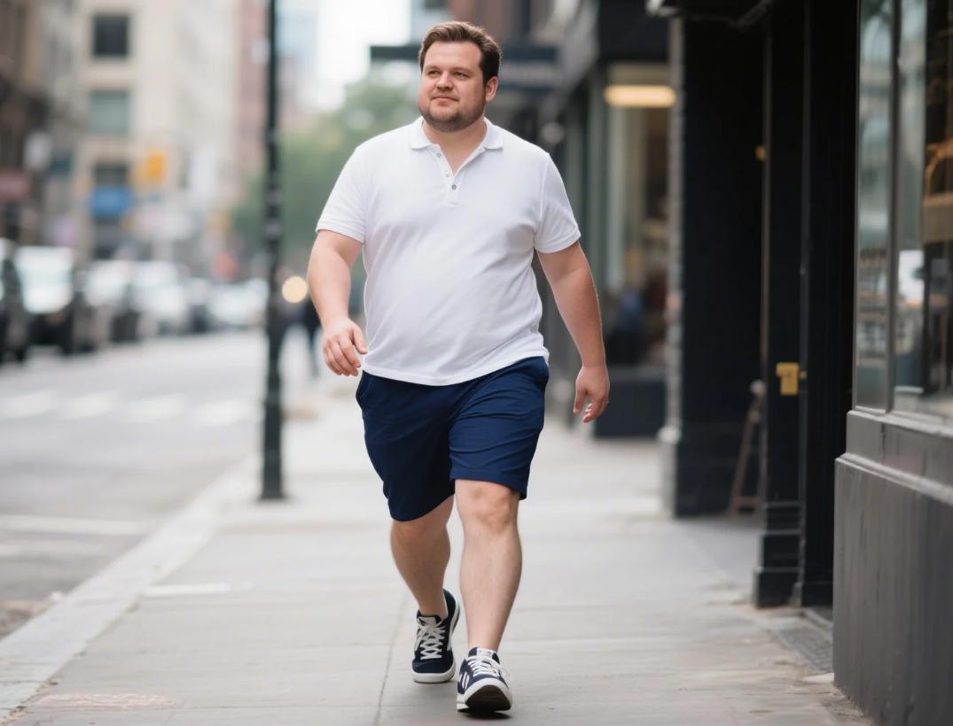 A big and tall man wear shorts casually.