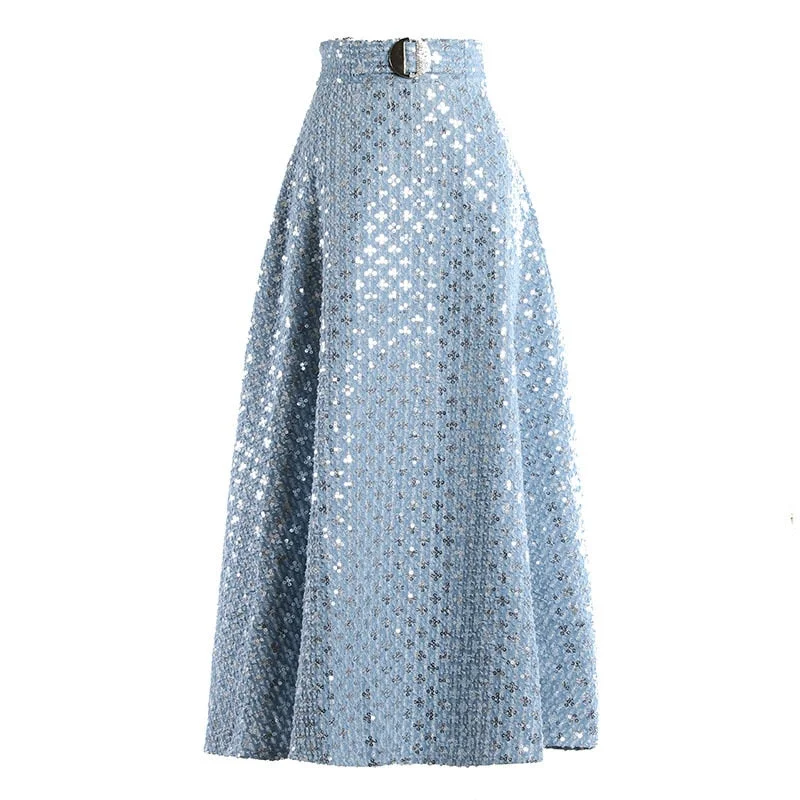 TWOTWINSTYLE Denim Patchwork Sequin Skirt For Women High Waist Casual A Line Skirts Female Fashion New Clothing 2022 Spring New