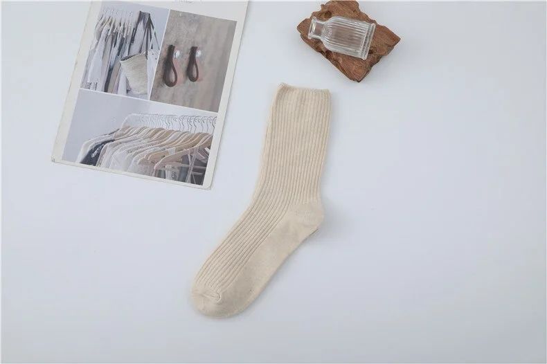 Japanese Fashion Cotton Solid Color Striped Mid Length Socks