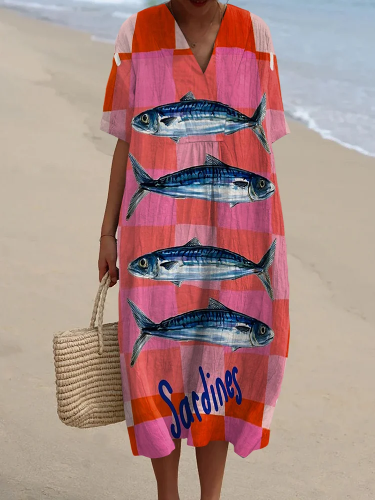 Women's Vintage Fish Sardines Art Print Flowy Dress