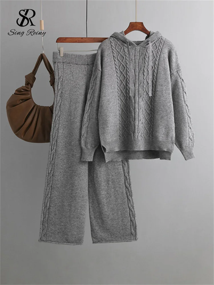 Huibahe Drawstring Hooded Women Knitted Sets Irregular Loose Sweater+Casual Wide Leg Long Pants Winter Warm Two Pieces Suits