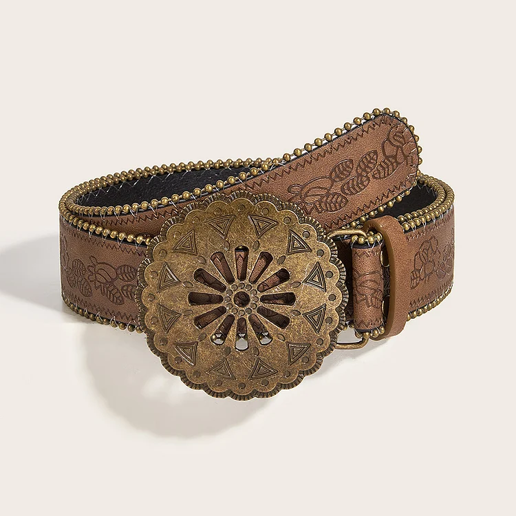 Retro Distressed PU Leather Beaded Embossed Belt