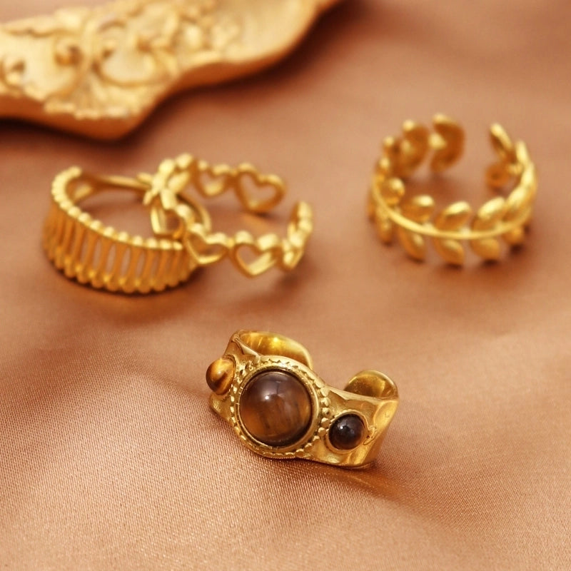 Casual Retro Geometric Titanium Steel Natural Stone Inlay Open Rings