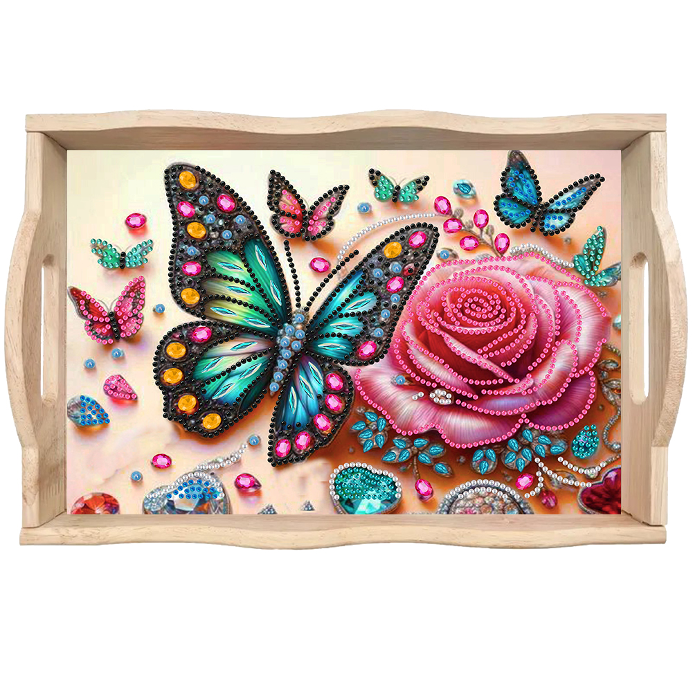 Butterfly Diamond Painting Wooden Serving Tray with Handles Home Decor (B)