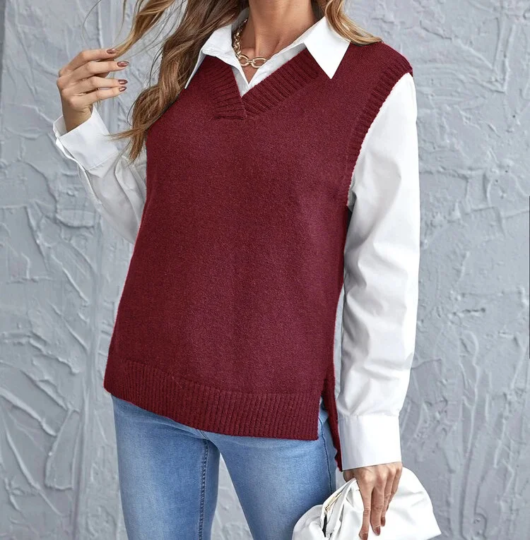 Wongn Wongn And Autumn New Style Irregular Knitting Vest Fashion Casual Women's Wear V-Neck Sweater Women