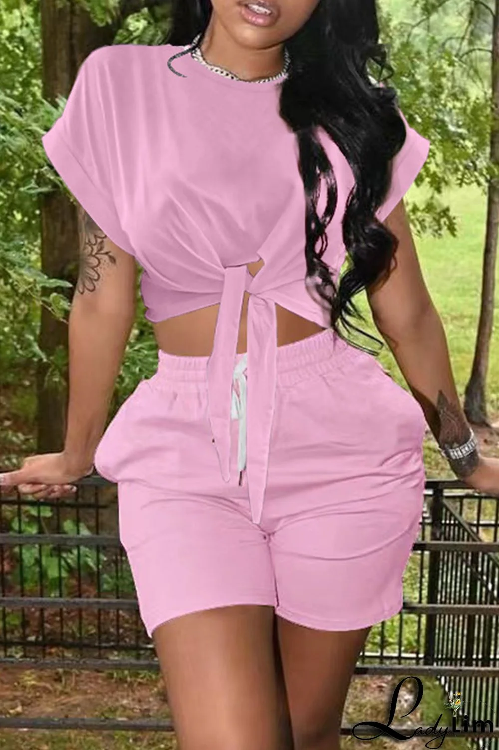 Black Fashion Casual Solid Bandage O Neck Short Sleeve Two Pieces