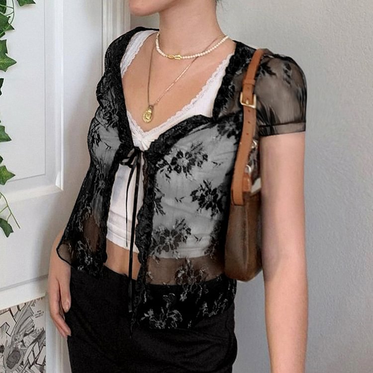 Lace Mesh Lace Cardigan Short Sleeve Shirt - BlackFridayBuys