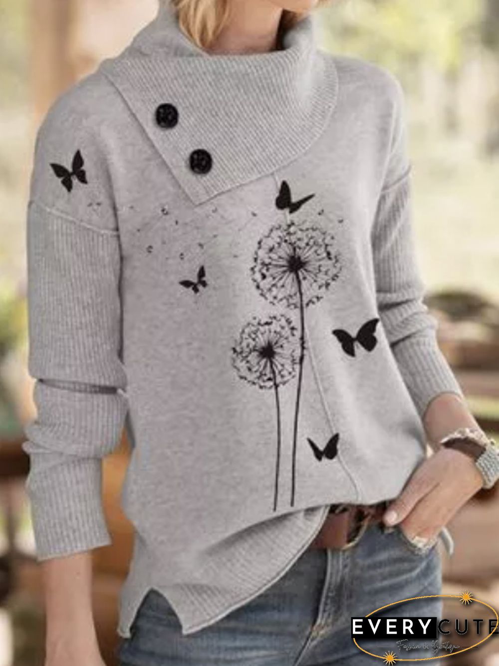 Women Casual Floral Autumn Daily Statement Shawl collar Cotton-Blend Sweater