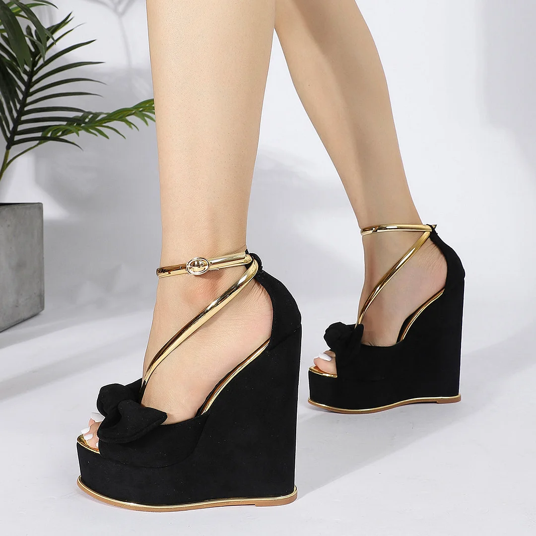 Women Sandals High Heels Fish Mouth Fashion Sandals Wedge Platform Black Bow High Heel Women's Beach Shoes